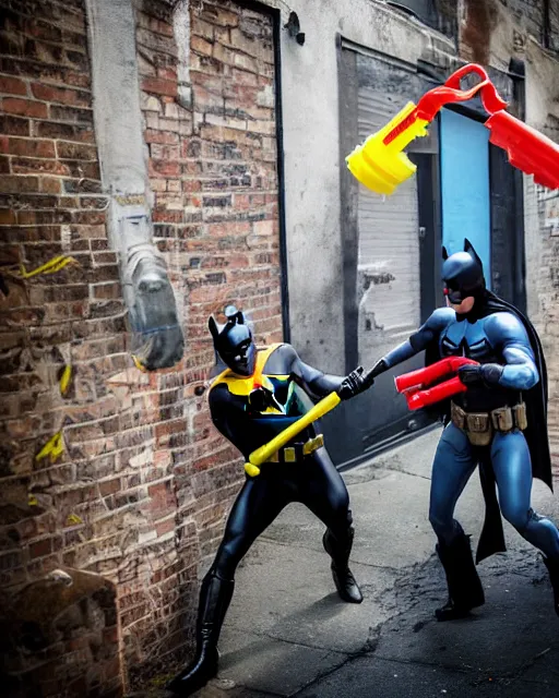 Image similar to happy batman firing super soaker water gun at playful criminals in an alleyway, everyone having fun, product advertisement, photogenic photograph