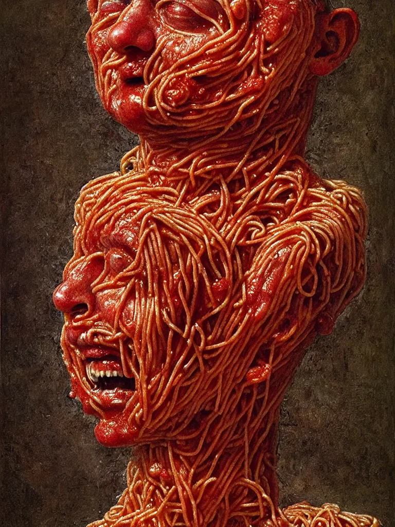 Prompt: a boy made of spaghetti and tomato sauce, looking into camera, screaming in pain, full body, by giuseppe arcimboldo and ambrosius benson, renaissance, intricate and intense oil paint, a touch of beksinski and hr giger and edward munch, realistic