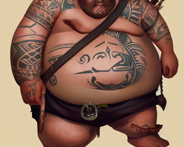 Image similar to sea of thieves character portrait concept art for an obese chubby huge tribal native man with polynesian tattoos on his face and a nose ring, cgsociety, trending on artstation, rare ltd,