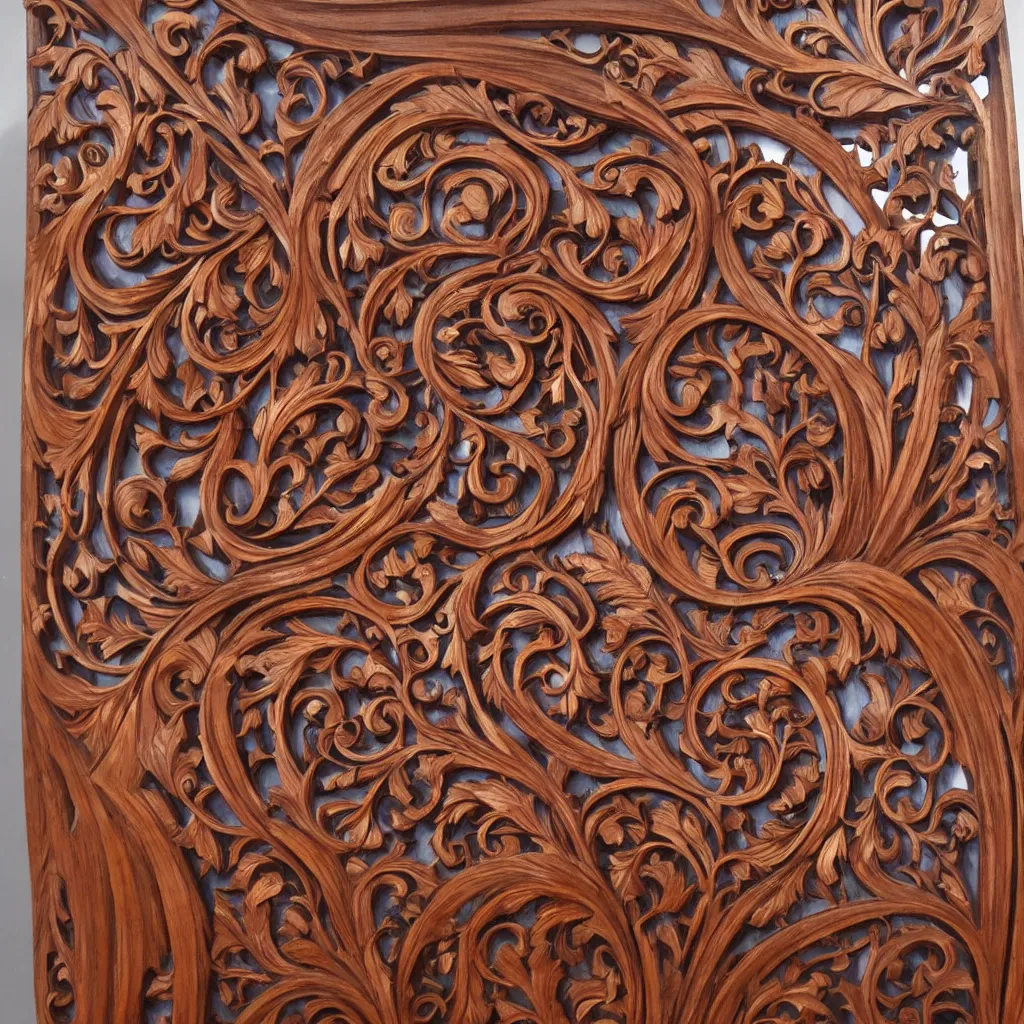 Image similar to a 3 d wooden mahogany art nouveau carved sculpture of a delicate multi - layer tracery pattern, intricate and highly detailed, well - lit, ornate, realistic, polished with visible wood grain