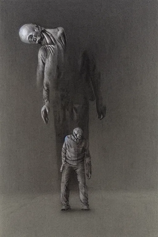 Prompt: horror painting of drunk man in black adidas tracksuit at soviet suburbs, painting by Zdzisław Beksiński