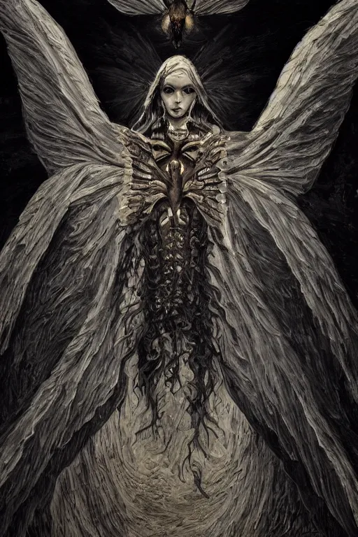 Image similar to portrait of an ominous looming moth angel at a dark shrine, oil on canvas, experimental gothic style, perfect detailed symmetrical face, mood lighting, dramatic, ornate, elegant, detailed, prominent intricate wings, concept art, trending on artstation, javascript enabled