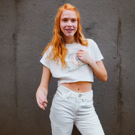 Image similar to Portrait photograph of a Strawberry-Blonde Girl, Young Beautiful Face, Green Eyes, Freckles, Wearing a white crop-top and jeans, with a subtle smile, Humans of New York Style, Leica Camera 50mm lens, street photography, aesthetic canon of proportions, grainy film photo