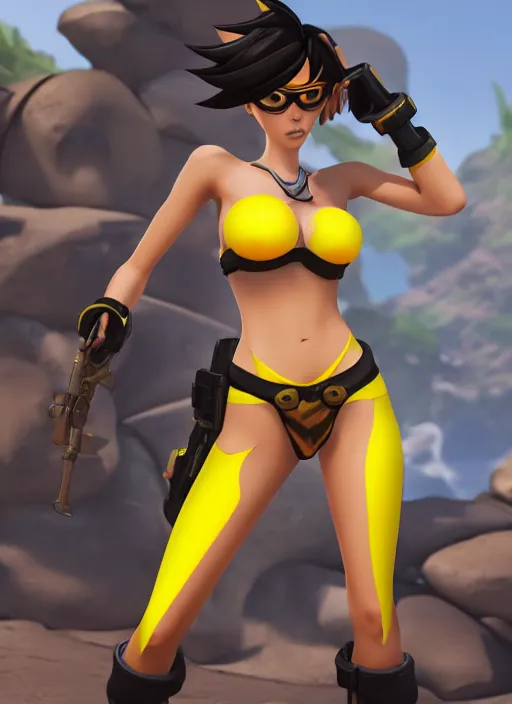 Image similar to tracer game character, in yellow bikini, blonde hair, black eyes, full height
