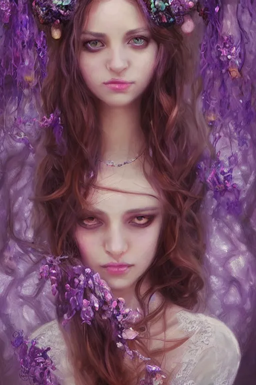 Image similar to portrait for beautiful fairy women with purple eyes clothed in beads and lace, by mandy jurgens, gorgeous, elegant