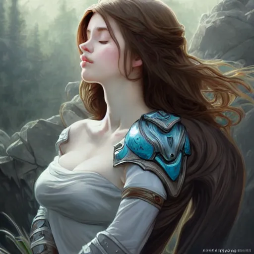 Image similar to wide angle, knight, sleeping on rock, white grey blue color palette, eyes closed, forest, female, d & d, fantasy, intricate, elegant, highly detailed, long brown hair, digital painting, artstation, octane render, concept art, matte, sharp focus, illustration, hearthstone, art by artgerm, alphonse mucha johannes voss