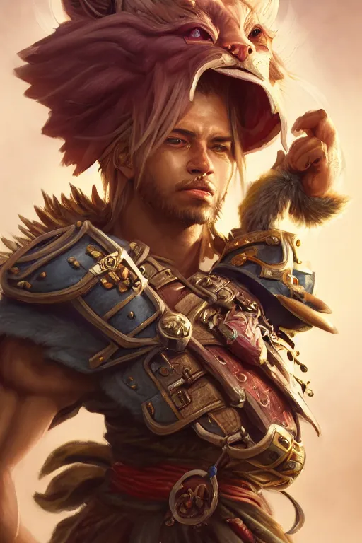 Prompt: legendary leonin fighter portrait, highly detailed, d & d, fantasy, highly detailed, digital painting, trending on artstation, concept art, sharp focus, illustration, global illumination, ray tracing, realistic shaded, art by artgerm and greg rutkowski and fuji choko and viktoria gavrilenko and hoang lap