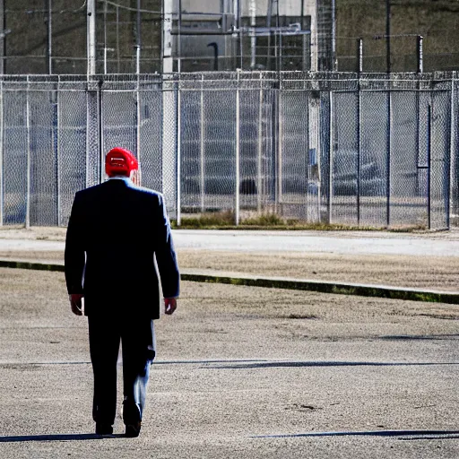 Image similar to photojournalist photo of donald trump in prison clothes walking in the federal prison yard, 3 5 mm f 1. 8