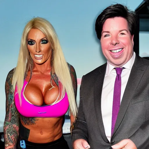 Prompt: jodie marsh joined at hip with Michael mcintyre combining pepper pig tea at the ritz