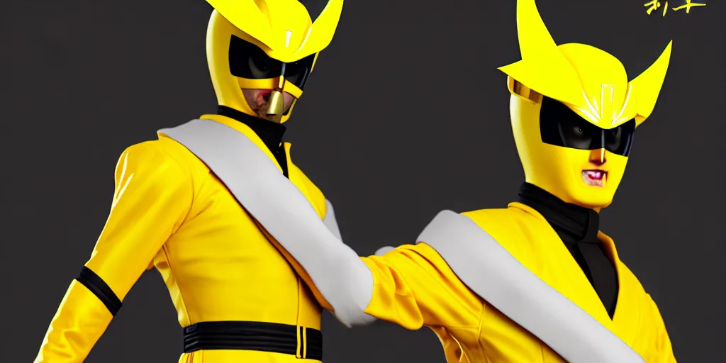 Image similar to symmetry!! yellow ranger dressed like donald trump, samurai, asian, artstation, art by murata, art by oda echiiro, lightning helmet, 3 d, jumpsuit, tracksuit, yellow, gloves, logo