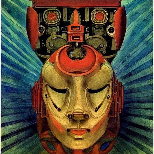 Image similar to the robot in her mechanical mask, by annie swynnerton and diego rivera and leo and diane dillon, symbolist, dramatic lighting, elaborate geometric ornament, art brut, god rays, soft cool colors, smooth, sharp focus, extremely detailed, adolf wolfli