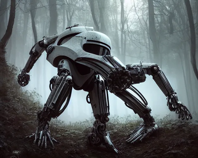 Image similar to photo of a giant huge white terminator spider with heavy duty biomechanical hydraulic cybernetic body in the forest fighting stormtroopers and a sith lord. cyberpunk horror style. highly detailed 8 k. intricate. nikon d 8 5 0 5 5 mm. award winning photography. art by hr giger and zdzislaw beksinski in the style of hzd