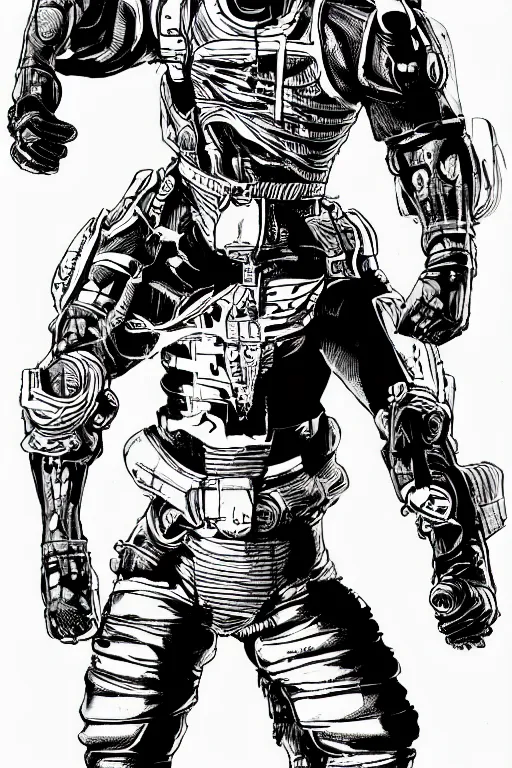 Image similar to cyborg ninja standing heroically, a page from cyberpunk 2 0 2 0, style of paolo parente, style of mike jackson, adam smasher, johnny silverhand, 1 9 9 0 s comic book style, white background, ink drawing, black and white