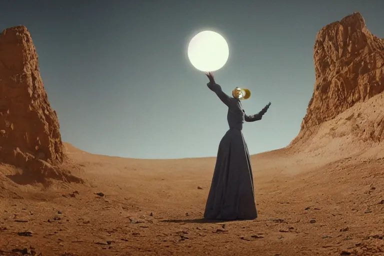 Image similar to levitating bene gesserit glowing woman with full - face golden mask in a dry rocky desert landscape, visible sky and sunny atmosphere, fata morgana giant mirrors, black star in the sky by alejandro jodorowsky and christopher doyle, anamorphic lens flares, kodakchrome, cinematic composition, practical effects, 8 k,