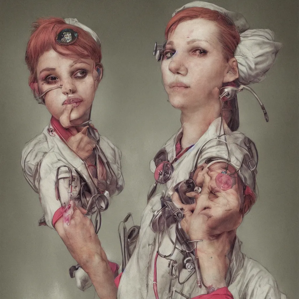 Image similar to clowncore pastel punk young hospital nurse wearing stylish uniform. detailed, portrait, 8 k, artwork by jean - baptiste monge