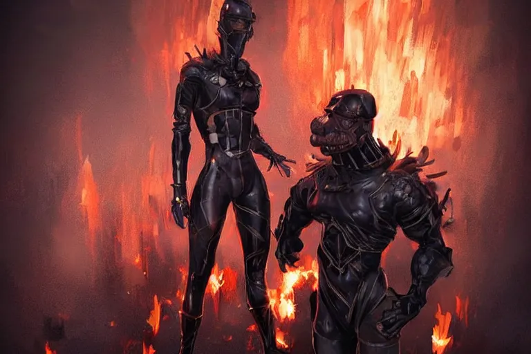 Image similar to a hero who makes things explode by looking at them standing in front of a burning city, concept art by Eddie Mendoza, black face vizor, latex catsuit