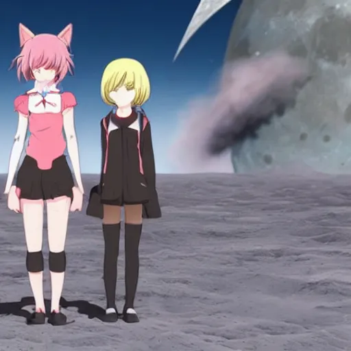 Prompt: Two Anime Catgirls on the Moon watching Earth's destruction, cinematic