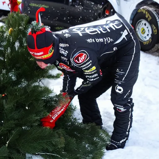 Image similar to Petter Solberg after he crashed into the christmas tree