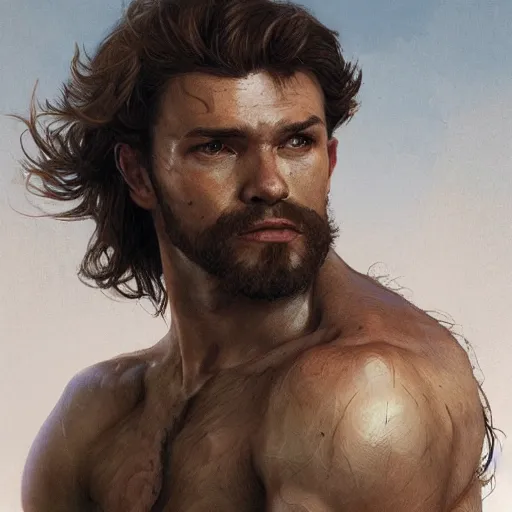 Image similar to portrait of a young rugged beserker, muscular, upper body, hairy torso, D&D, fantasy, intricate, cinematic lighting, highly detailed, digital painting, artstation, concept art, smooth, sharp focus, illustration, art by Artgerm and Greg Rutkowski and Alphonse Mucha