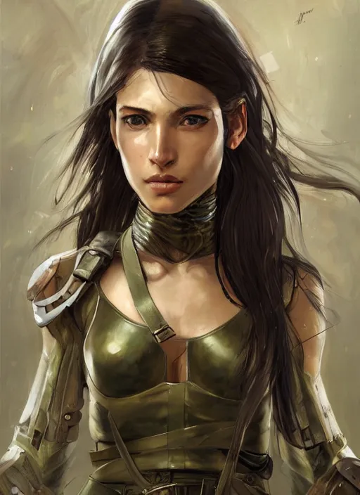 Prompt: a professionally painting of an attractive young female, partially dressed in military armor, olive skin, long dark hair, beautiful bone structure, perfectly proportioned, symmetrical facial features, intricate, elegant, heroic pose, digital painting, concept art, illustration, sketch-like, sharp focus, finely detailed, from Metal Gear, by Ruan Jia and Mandy Jurgens and William-Adolphe Bouguerea, trending on Artstation, award winning