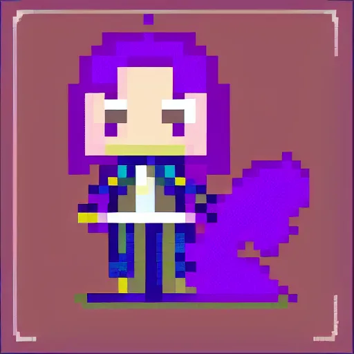 Image similar to pixel art of a female game character with purple long hair and a small pet