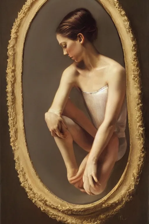 Prompt: hyperrealism, portrait of ballerina looking in the broken mirror, soft light, in style of classicism