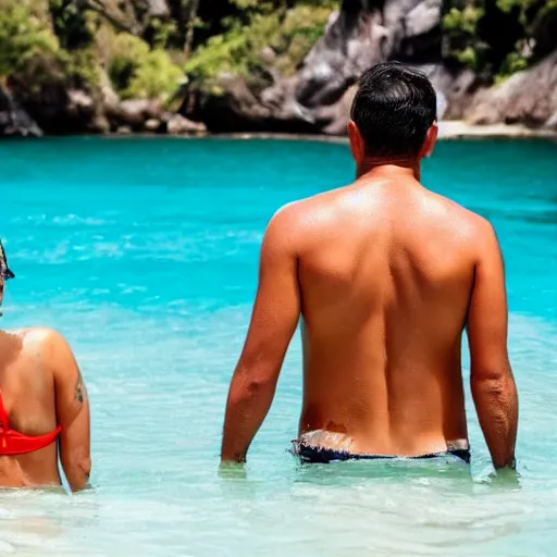 Prompt: photo of a 4 0 year old man that looks young for his age dating a very attractive legal 2 2 year old colombian woman wearing a bikini. they are swimming.