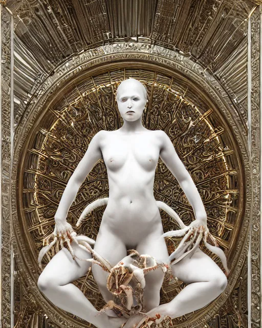 Image similar to symmetry, intracate white marble bas relief sculpture of a woman made of crabs, white marble with gold wire inlay, thousands of crabs, thousands of spiders, thousands of tarantulas, highly detailed, intricately detailed, art nuevo, octane, 8 k, hdr, art by hr geiger and ridley scott and alphonse mucha, trending on artstation