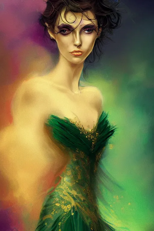 Image similar to a magic the gattering portrait illustration of a woman , fantasy, gradient black green gold, dreamy and ethereal, green eyes, golden ratio, peaceful expression, ornate frilly dress, fantasy, intricate, elegant, ghost, etearal, highly detailed, digital painting, artstation, concept art, smooth,b sharp focus, illustration, art by scott fisher AND artbreeder