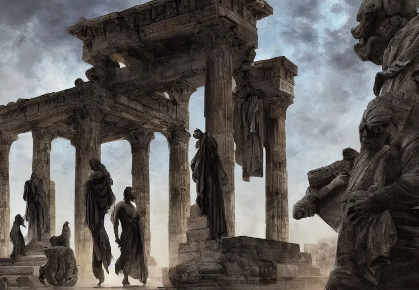 Prompt: painting of the figures of four people in an ancient greece scenery, high contrast, concept art, town, temple, statue, dramatic lighting, digital art, 8 k, extremely detailed, drawn by ruan jia