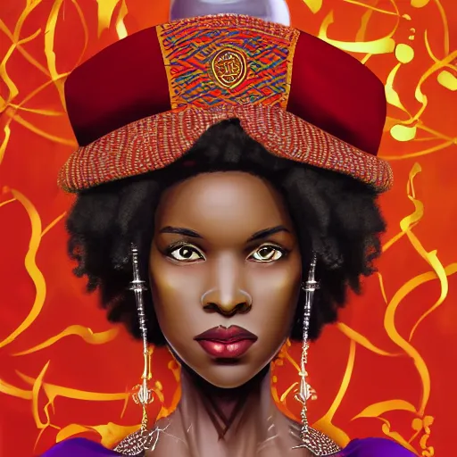 Prompt: curly-haired african priestess wearing a red fez hat with an occult symbol on it, fantasy, portrait, highly detailed, artstation, illustration