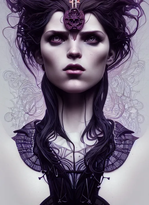 Image similar to satanist perfect girl portrait, intricate artwork by josan gonzalez, artgerm, tom bagshaw, kilian eng, alphonse mucha, zdizslaw beksinski, very coherent artwork, cinematic, syntwave, noir gothic cyberpunk, octane render, unreal engine, 8 k, high contrast