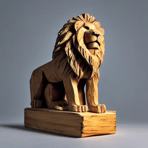 Prompt: a wood sculpture of a lion sitting on a wooden desk, night, macro photography 35mm