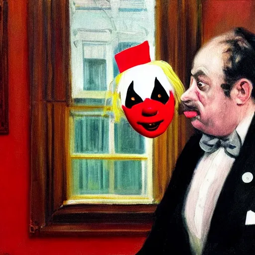 Prompt: a highly detailed fine art portrait of british prime minister boris john wearing a clown costume. in the style of edward hopper, richard hamilton and stanley kubrick.