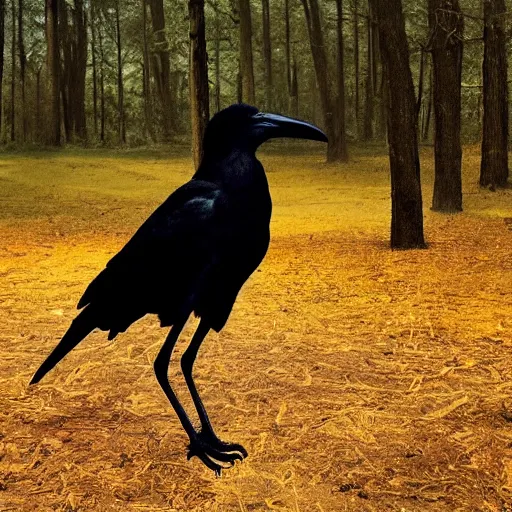 Prompt: a tall, muscular crow walking in a forest, sunset, realistic, romantic, enchanting, dreamy, IMAX