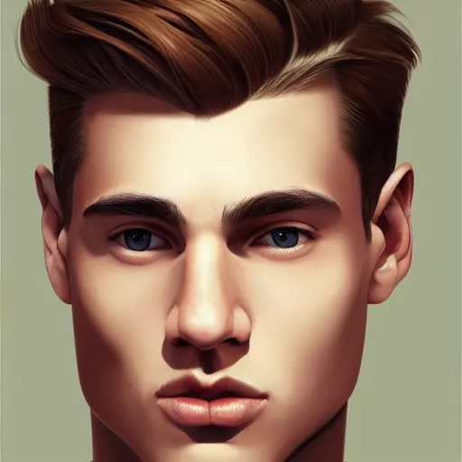 Image similar to man in his twenties with brown blond short quiff hair and thin slightly round facial structure with cleft chin, straight eyebrows and prominent nose, good definition of cheekbones, big hazel nut brown eyes, narrow face, slim body, atmospheric lighting, painted, intricate, 4k, highly detailed by Charlie Bowater