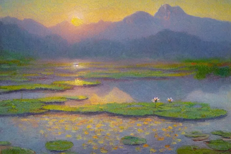 Image similar to impressionism painting of a pond of water lily on a foggy morning, sun low on horizon through snow capped mountains, soft light, misty