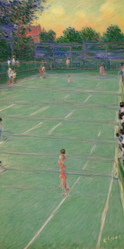 Image similar to tennis court, art by claude monet, impressionism, oil painting, bright colors, advertising painting