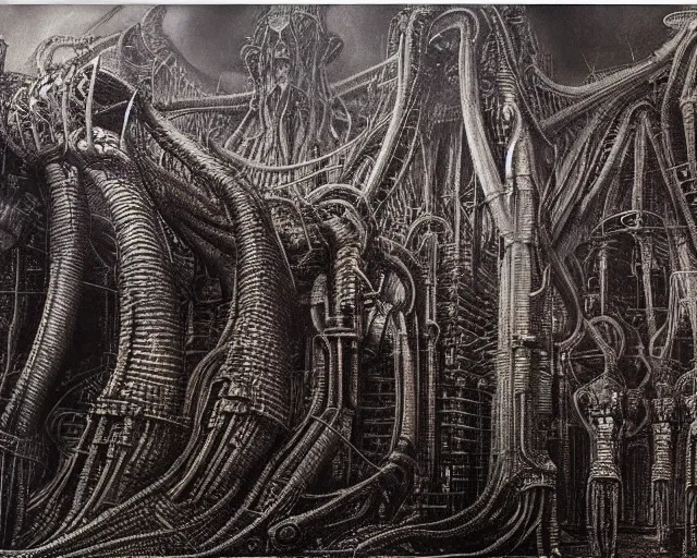 Prompt: evil factory of dreams, a highly detailed intricate painting by H.R. Giger and Zdzisław Beksiński