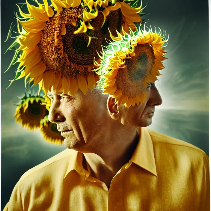 Prompt: photo portrait of Putin - sunflowers - dressed in leisure shirt with ornamental ethereal sunflower pattern, natural skin tone, raging war and explosions in the background, face is highly detailed, elegant, Realistic, Refined, Highly Detailed, natural soft pastel lighting colors scheme, fine art photography by Cecil Beaton, volumetric lighting, hyper realistic photography