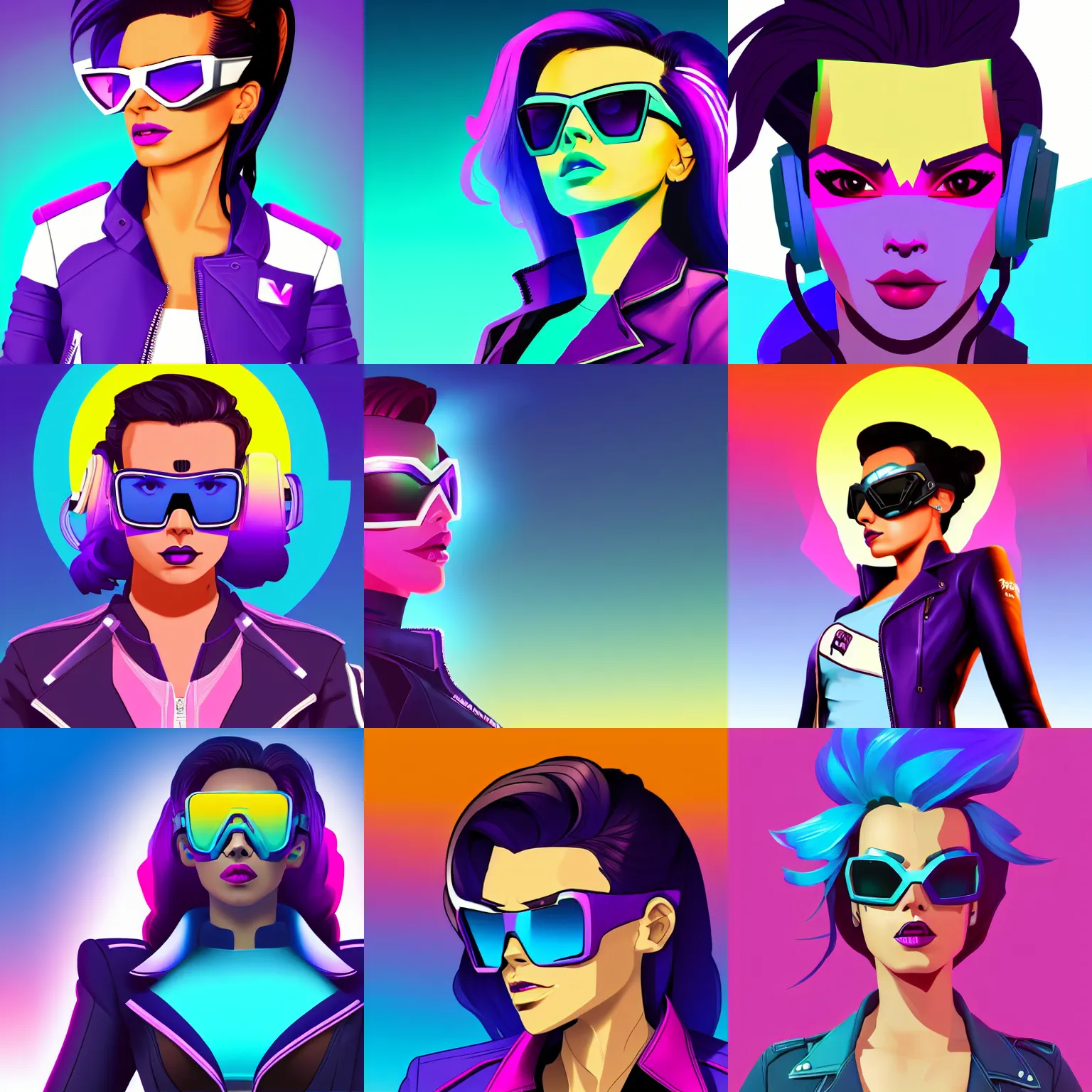 Prompt: 3 / 4 view closeup portrait of sombra from overwatch with light blue shutter shades in front of a sunset, a dark purple leather jacket, one side brown haircut with blue tips on the end, vector art by jan tengnagel, pixabay contest winner, retrofuturism, retrowave, synthwave, outrun, portrait, synthwave