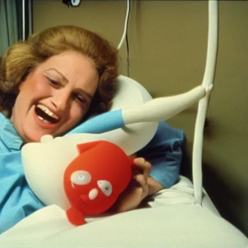 Image similar to happy woman who has given birth to a squishy inflatable toy, in hospital bed, 1974 color Fellini film, archival footage, technicolor film, 16mm, wacky children's tv with anthropomorphic animal