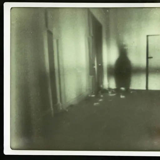 Image similar to grainy polaroid photos of a dark grungy abandoned room with debris on floor with three dark shadowy human figures lit by camera flash