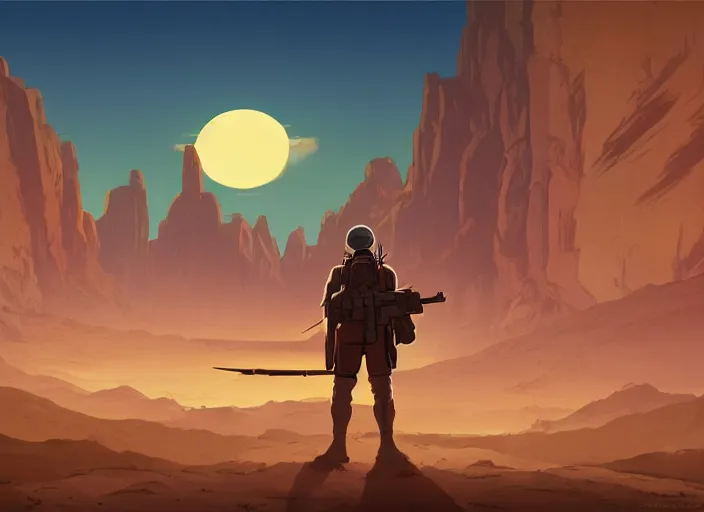 Image similar to cel shading background, science fiction pc game point - and - click adventure, studio ghibli, soldier roaming through desert with city in the skyline, two suns, purple orange colors, sharp focus, illustration, highly detailed, digital painting, concept art, matte, art by wlop and artgerm and greg rutkowski, masterpiece