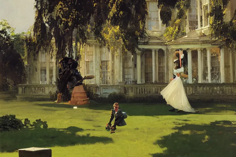 Prompt: pulp scifi illustration, woman on expansive lawn of distant english stately home, by norman rockwell, morgan weistling, john berkey, earle bergey, craig mullins, ruan jia, chris foss, jeremy mann, tom lovell, tyler edlin, wadim kashin