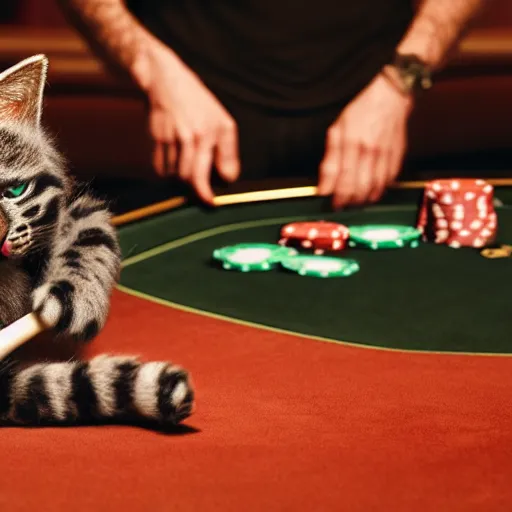 Image similar to man holding a toy cat and a spoon, sitting at a blackjack table, casino, las vegas, 8 k, highly detailed, photo realistic, unreal engine