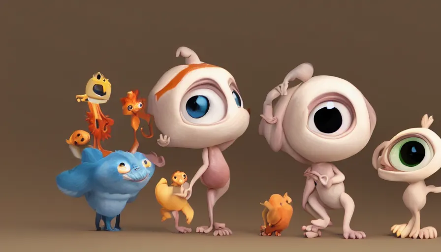 Prompt: very very very cute baby creatures by Max Kostenko and Bobby Chiu, wooden toys, disney, pixar, character design for animation, uplight, big disney eyes, symmetrical eyes, cuteness, 3d render, octane rendered, highly detailed, unreal engine, Trending on Artstation, octane render, 4k, 8k, HD