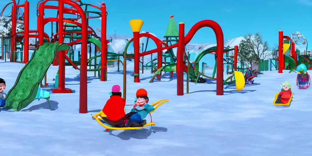 Prompt: snow fun park, sledge, cartoon style, 4 k,