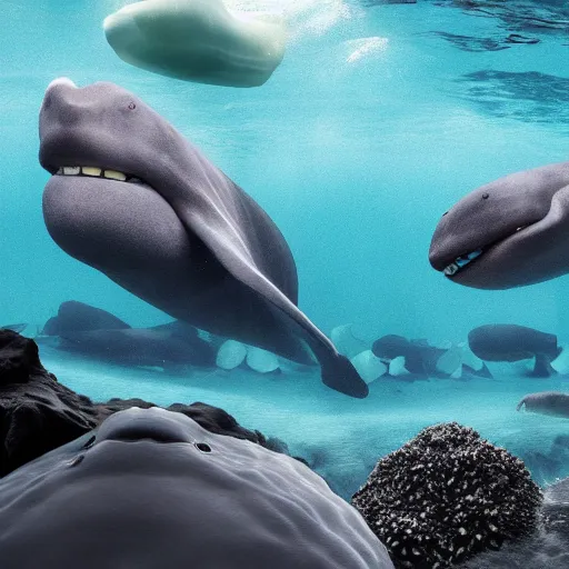 Prompt: hyperrealistic underwater photography, panoramic picture of an ocean floor with some baluga whales. focus on the whales. the whales are anatomically correct and highly detailed. lots of bubbles. seaweed and some rocks. gloomy scattered light entering from the water surface, trending on artstation, hq, 8 k