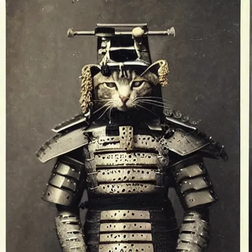 Prompt: “cat in full samurai armour, 1900’s photo”